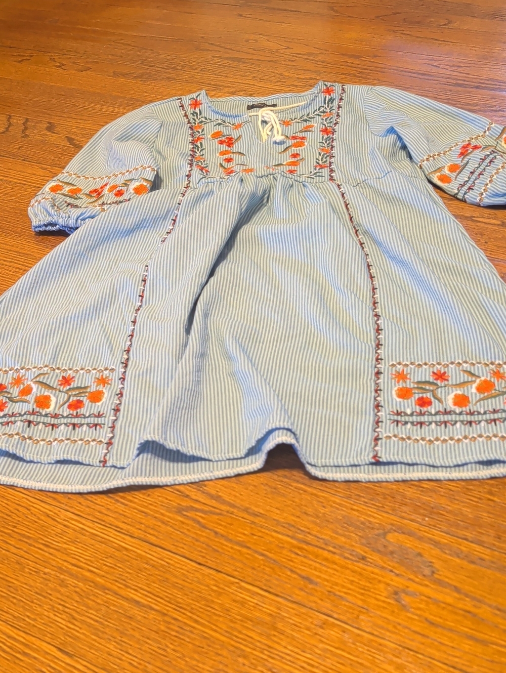 Light Blue Striped Embroidered Dress- Orange Floral Detail